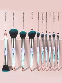 ronshadow 10pcs Gradient Transparent Ice Crystal Diamond Handle Makeup Brush Set With Makeup Sponge, Round Powder Brush, Angled Blush Brush, Large Foundation Brush, Small Eyeshadow Blending Brush, Detail Concealer Brush - Multicolor - View 7