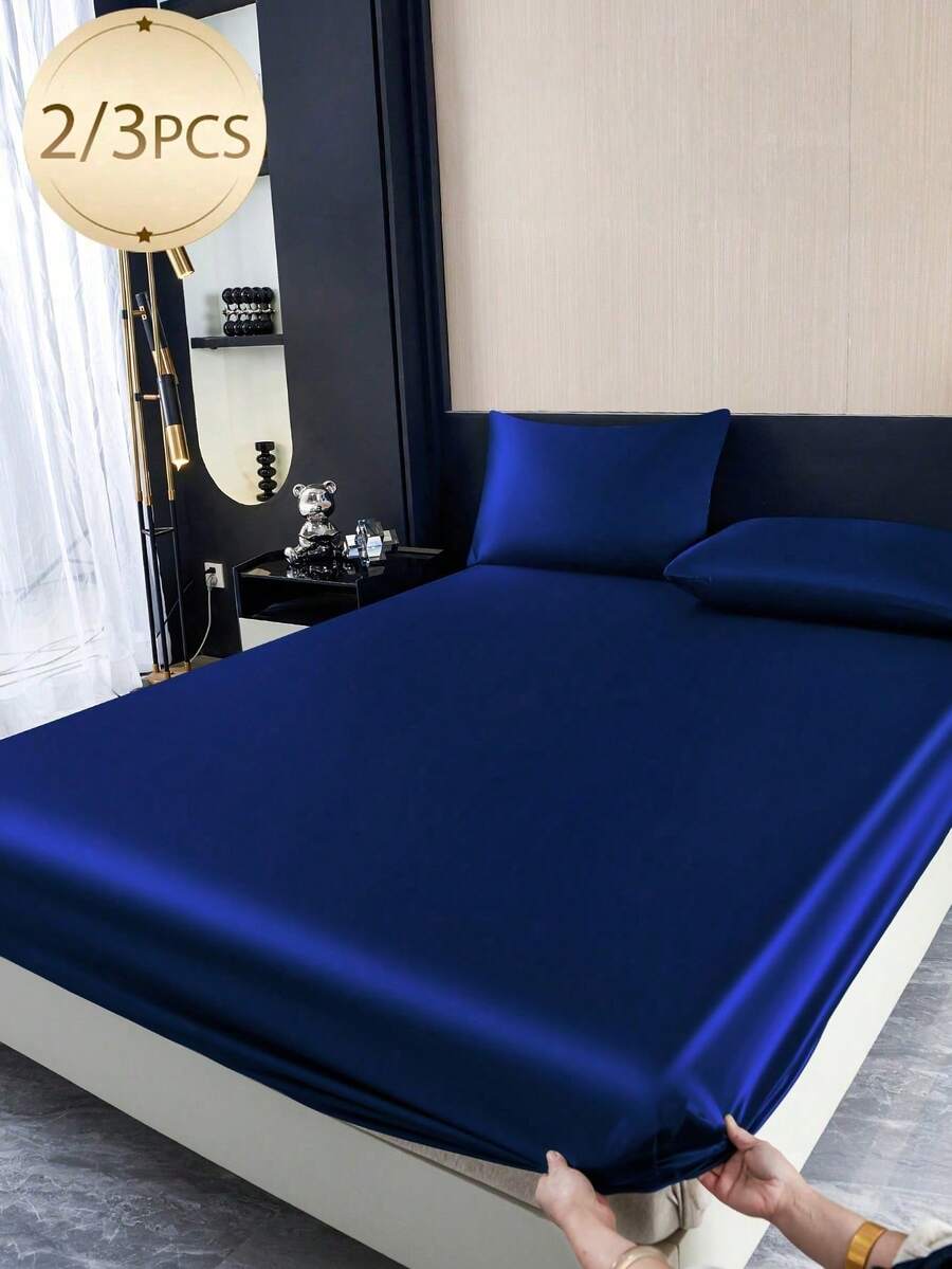2/3pcs Navy Blue Satin Bed Skirt Set, Silky Soft Texture, Includes 1 Bed Skirt And 1/2 Pillowcases (Pillow Insert Not Included), Modern Soft Bedding Set, Suitable For Home Use, Bed Skirt Depth Up To 11.8 Inches, Satin Pillowcase Soft And Breathable, Non-Wrinkle, Improve Sleep Quality, Luxury Hotel Style, Ideal Gift For Parents, Friends, Dorm Bedding Or Back To School Season - Navy Blue - View 1