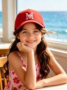 1pc Children's 26 Flower Letter Pattern Pink Baseball Cap, Toddler Girls Sun Hat, Suitable For Outdoor, Daily Wear, UV Protection - Red - View 2