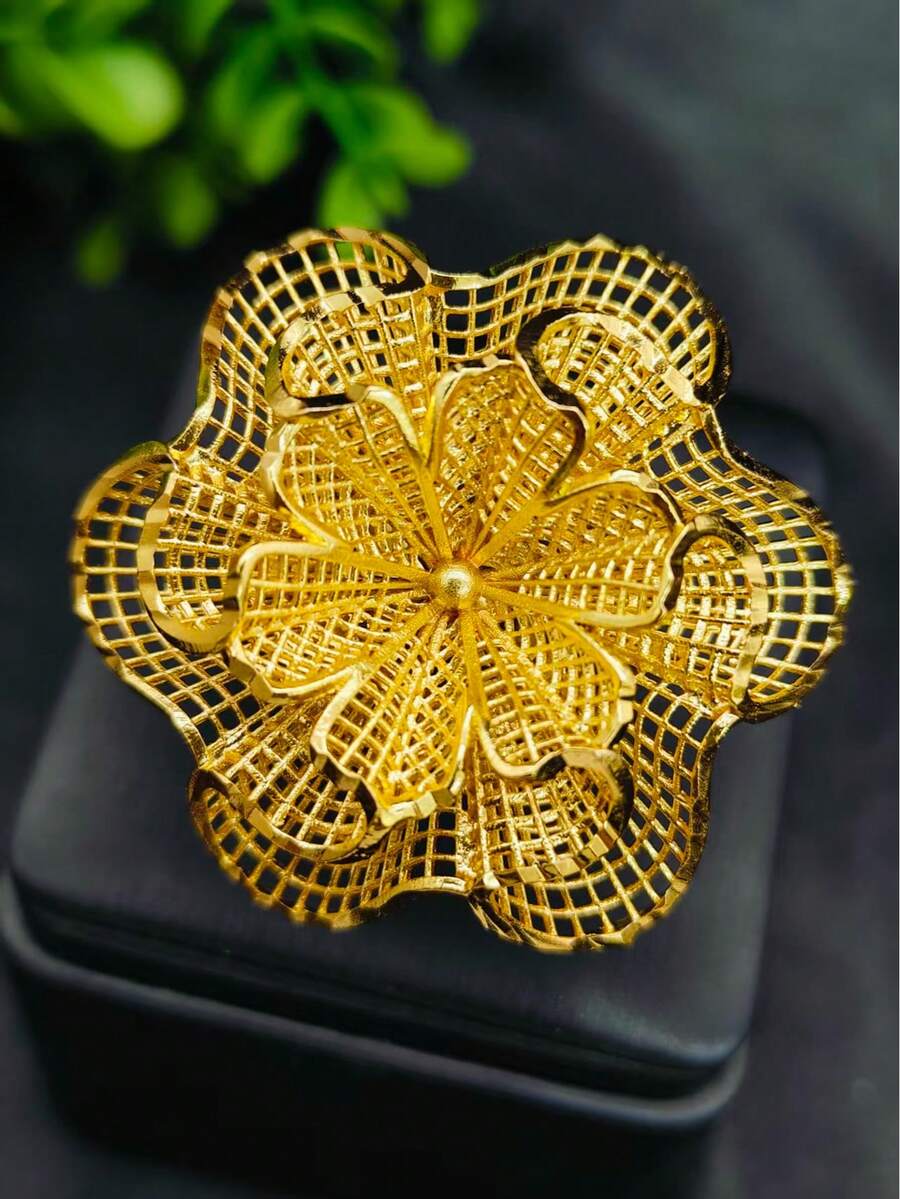 1pc Fashion Women's Copper Plated Gold Flower Open Ring, Middle East Dubai European American Saudi Arabia Africa Bridal Banquet Dress Accessory, Mother's Day Valentine's Day Date Holiday Gift Jewelry - Yellow Gold - View 1