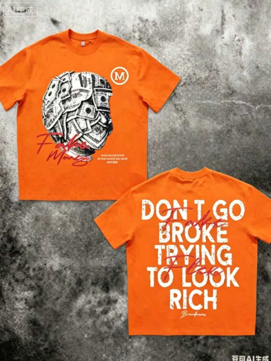 Money Graphic% Cotton Shirt Don'Go Broke Trying To Look Rich Statement Double Sided Streetwear 220gCasual Short-Sleeve-Shirts Men And Women - 橘色 - 查看 1
