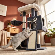 HEXCELEN Leisure Cat Tree, 115.5 Cm Mini Cat Tree, Sturdy Home Model, Includes A Soft Viewing Platform, Interactive Pom-Poms, Hiding Places, Scratching Posts, And Climbing Ramps, Light Gray. - Dark Grey - View 1