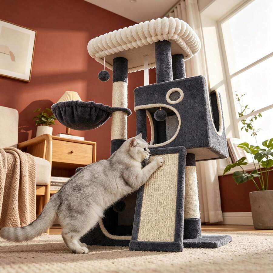 HEXCELEN Leisure Cat Tree, 115.5 Cm Mini Cat Tree, Sturdy Home Model, Includes A Soft Viewing Platform, Interactive Pom-Poms, Hiding Places, Scratching Posts, And Climbing Ramps, Light Gray. - Dark Grey - View 1