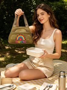 "MAESTRA" Printed Mesh Lunch Bag, Reusable Lunch Bag, Unisex Leak-Proof Large Capacity Tote Bag, Portable Travel Picnic Camping Bag, Mesh Handbag, Large Capacity Storage Bag, Makeup Organizer, Beach Bag, Travel Toiletry Bag, Multi-Functional Lunch Container Storage Bag, Perfect For Office Work, School, Camping, Travel, Back To School Gift, Birthday Gift, Teacher's Day Gift, Holiday Gift, Beach Travel Essential - Multicolor - View 9
