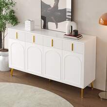 White Sideboard With Golden Handles And Legs, 4 Drawers, 4 Doors - Suitable For Living Room/Dining - 白色 - 查看 5