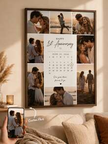 1st Anniversary Customized Photo Collage Canvas Wall Art, "Our First Year Together" Commemorative Poster, Romantic Gift For Him And Her, Optional Frame, Customizable Photos And Text For Wedding/Anniversary Wall Decor - Multicolor - View 2