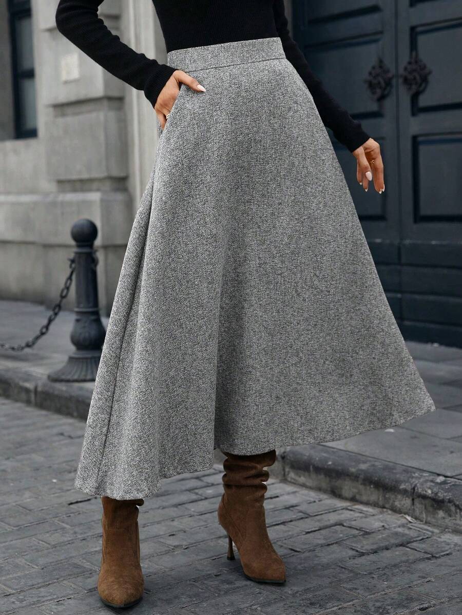 Mobula Sound#Spring/Autumn Versatile Fashion Tweed Button Zipper Evening Date Wedding Photo Shoot Full Skirt Women's Skirt - Light Grey - View 1
