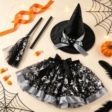 Juego de 3 piezas de disfraz de bruja de calabaza plateada de Halloween, incluye falda de malla estampada + escoba de bruja + sombrero puntiagudo, conjunto de vestido de pequeña bruja, adecuado para eventos de Halloween, fiestas temáticas, bailes de disfraces, actuaciones en el escenario, juegos de rol y disfraces - multicolor - Ver 3