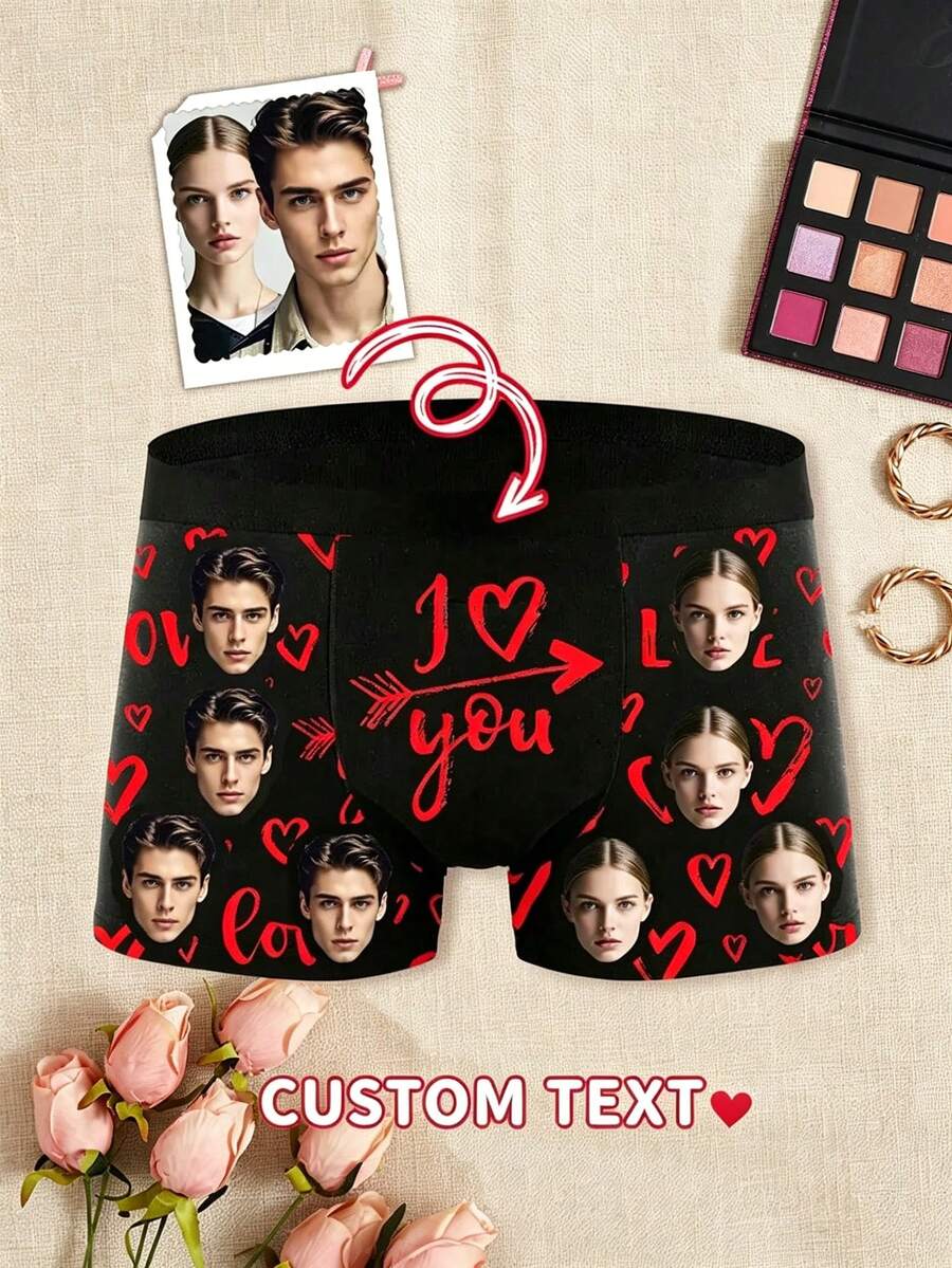 Men's Customized Square Boxer Briefs, Black Base With Red Heart And "I Love You" Arrow Print, Customized Couple Face Pattern, Soft Breathable Elastic Cotton Fabric - Multicolor - View 1