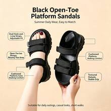 Women's Sports Sandals 2026 Summer New Style Beach Shoes Hook And Loop Lightweight Water Shoes Thick Platform Wedge Height Increasing Beige Sandals - Black - View 8