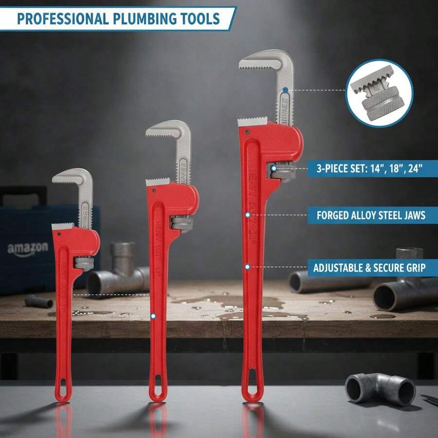 [Free Shipping] 3Pcs 14&18&24-Inch Straight Heavy Duty Pipe Wrench Set Plumber Adjustable Water Alloy Steel Grip Plumber's Wrench Plumbing Tools-XY876509 - 1 - View 1