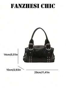Black Shiny PU Handbag, Silver Rivet Decor D-Ring Adjustable Top Handle Small Shoulder Bag For Street Daily Outfit - Black - View 2