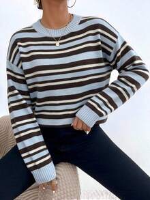 Women's Striped Crew Neck Long Sleeve Pullover Sweater, Casual Ribbed Knit Medium Stretch Top, Suitable For Autumn/Winter Wear - Blue - View 8