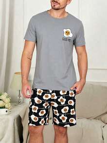 Men's Summer Pajama Set, Round Neck Simple Fried Egg Print Short Sleeve & Shorts Loungewear - Multicolor - View 2