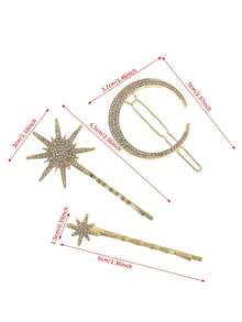 3pcs European & American Hair Accessories Set, Vintage Moon Sun Star Hair Clips, Rhinestone Straight Clip Side Clip - Multicolor - View 4