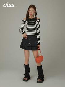 CHUU Women's Off-Shoulder Striped Knit Top, Autumn 2 In 1 Patchwork Design, Youthful Long Sleeve Blouse - Black - View 6