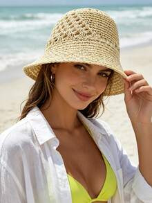 1 pieza Sombrero de cubo de mujer minimalista ligero de unicolor versátil con diseño calado para protección solar al aire libre, sombrero de moda elegante de verano de alta demanda que estiliza el rostro, cómodo y casual, adecuado para salidas, reuniones, compras, viajes, vacaciones y otras ocasiones - Multicolor - Ver 1
