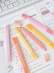 12pcs Dual-Tip Fluorescent Highlighters, Student Stationery, Suitable For Key Point Marking, Quick-Drying Ink, Perfect For Note-Taking, Textbook Marking, Journaling And Office Use. - Double-ended Fluorescent - View 2