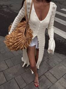 Women's Solid Color Hollow Out Single-Breasted Elegant Knit Long Sleeve Dress - White - View 7