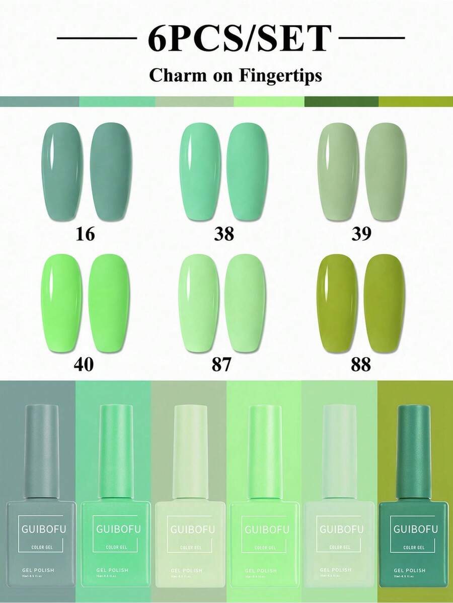 15ml 森綠薄荷凝膠指甲油 6件套 同色瓶裝 浸泡式脫色 UV LED 凝膠套組 持久熱門美甲時尚 女款