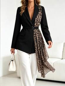 Women's Autumn/Winter Elegant Commute Chiffon Leopard Print Blazer With Lining, Ribbon Patchwork Design, Double-Breasted Adjustable Waist Belt, Long Sleeve - Black - View 2