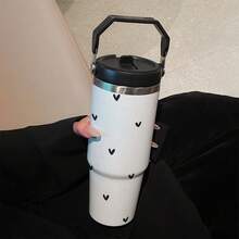 1pc 30oz Heart-Shaped Polka Dot Pattern Handheld Insulated Cup, Minimalist Creative Cartoon Stainless Steel Coffee Mug, Portable Travel Cup. Suitable For Office And Home, Perfect For Cold And Hot Beverages. Can Be Given - Multicolor - View 3