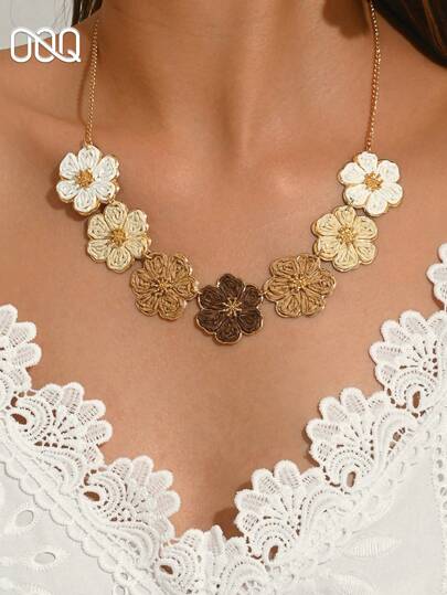 OOQ 1pc Summer Vacation Style Five-Petal Flower Chain Necklace, Sexy Elegant Personalized Design High-End Necklace, Suitable For Daily Wear, Beach Vacation, Party