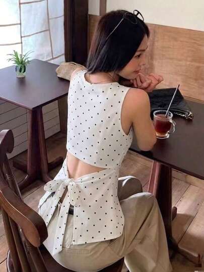 Black Polka Dot Camisole Tank Top Women's Innerwear Summer Korean Style Slim Fit Back Tie Sleeveless Outerwear White Casual