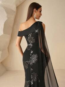 XUCTHHC Elegant One Shoulder Black Flower Sequin Mermaid Formal Evening Gown, For Wedding,Birthday,Prom,Graduation, Festivals, Fall/Winter - Black - View 8