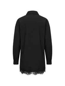 EARO Fashion Women's 2-Piece Black Set, Loose Button-Down Shirt Paired With Elegant Lace Detail Shorts, Non-Stretch Fabric. - Black - View 6