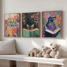Impressões em Tela Sem Moldura 1/3 Peças de Animais Intelectuais, Pombos Fofos com Óculos, Gatos, Guepardos, Decoração de Parede Floral Vibrante para Quarto, Berçário, Estudo, Biblioteca, Fazenda - A - Visão 1