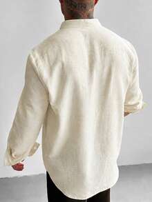 Camisa GloMan para hombre de mezcla de lino blanco con media abertura, manga larga, simple, unisex, para vacaciones de verano, uso diario, ropa casual de oficina, regreso a la escuela, regalo para papá, esposo - Blanco - View 6