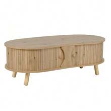 Pea-Shaped Coffee Table With Grooved Design, 2 Sliding Doors, Living Room Table, Wood Look, Solid Wood Legs, MDF Material - Natural Color - View 10