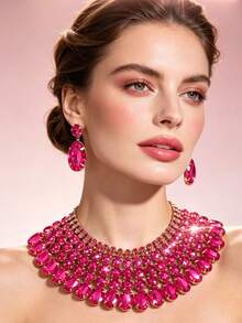 3pcs/Set Fashionable Elegant Geometric Rhinestone Necklace & Earrings Jewelry Set, Suitable For Wedding, Banquet, Party - Multicolor 2 - View 3