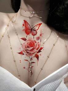 1 Sheet Red Flower And Butterfly Patterns Body Art Temporary Tattoo Sticker, Suitable For Men And Women, Lasting 2-5 Days, Suitable For Use On Arms, Wrists, Shoulders, Legs, Neck, Hands, Chest, Thighs, Fingers, Ankles, Suitable For Parties, Gifts - Red - View 2