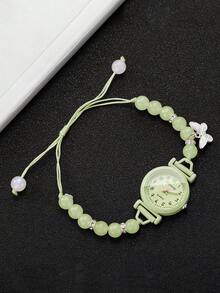 Women's Adjustable Cord Beaded Watch With Butterfly Pendant, Small Digital Dial, Versatile Niche Quartz Wristwatch, Gift For Girlfriend (1pc/Set) Watch Box Not Included - Green - View 8