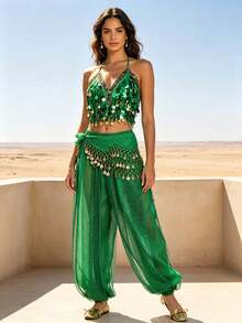 Professional Belly Dance Coin Fringe Halter Crop Top With Waist Scarf, Elastic Waist Dot Mesh Harem Pants For Dance Training, Stage Shows And Competitions - Multicolor - View 20