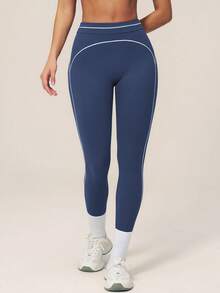 TimeOff Pantalones deportivos largos cortos de cintura alta con control de abdomen y decoración de línea blanca en bloques de color para mujer, 1 pieza - Azul Marino - Ver 8