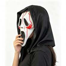 1 pièce Masque de visage de fantôme sanglant avec capuche noire, masque en latex de tête complète avec taches de sang rouge d'horreur criant, taille adulte, cosplay d'horreur d'Halloween, maison hantée, accessoire de fête de mascarade - Multicolore - Voir 5
