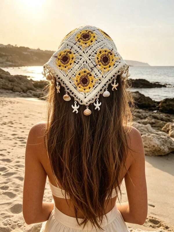 1pc Bohemian Handmade Crochet Sunflower Headscarf With Shell And Starfish Pendant, Hollow Out Beach Vacation Style Headband