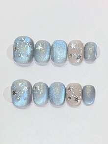 10Pcs Handmade Short Oval Press On Nails, Sheer Nude Frosty Ice Blue Shimmer Cat Eye, Silver Metal Stars, Tiny Pearls & Mini Rhinestones, Cool Dreamy Minimal Starry Daily Style - Baby Blue - View 1