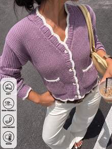 Preppy White Contrast Trim Knit Cardigan, V-Neck Heart Button Patch Pocket Cropped Jacket, Autumn Thanksgiving Streetwear - Purple - View 2
