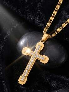 Rhinestone Cross Pendant Necklace For Women Men Gold Stainless Steel Chain Jesus Cross Jewelry, Bling Religious Fashion Necklace Gift - Gold - View 3