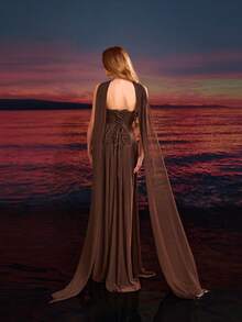 Elegant Brown Ribbon Decor Backless Lace-Up Bandeau Ultra-Long Mermaid Skirt Party Formal Dress 2-Piece Set - Brown - View 7