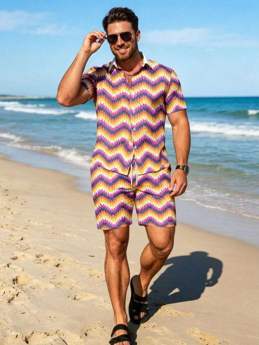 Conjunto de camisa de manga corta y pantalones cortos con estampado de rayas de olas, estilo de vacaciones para hombres