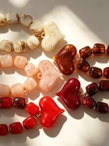 1pc European & American Bohemian Acrylic Geometric Square Multicolor Beaded Necklace With Heart Pendant, Women's Necklace For Summer Beach Vacation - Square Beaded Heart Necklace - View 2