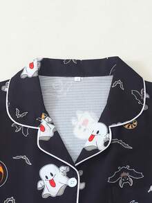 Set Piyama Wanita Motif Halloween Lengan Pendek Model Bubble Crinkle - Hitam - View 2