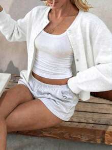Plus Size Women's Spring/Autumn/Winter New White Round Neck Single-Breasted Knit Cardigan, Casual Y2K Style, Suitable For Daily Commute Wear - White - View 3