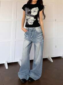Gradient Cross Rivet Denim Jeans Unisex American Wash Straight Leg Versatile Slimming Wide Leg Pants - Light Blue - View 2