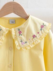 女童刺繡長袖彼得潘領襯衫 - 黃色 - 查看 3